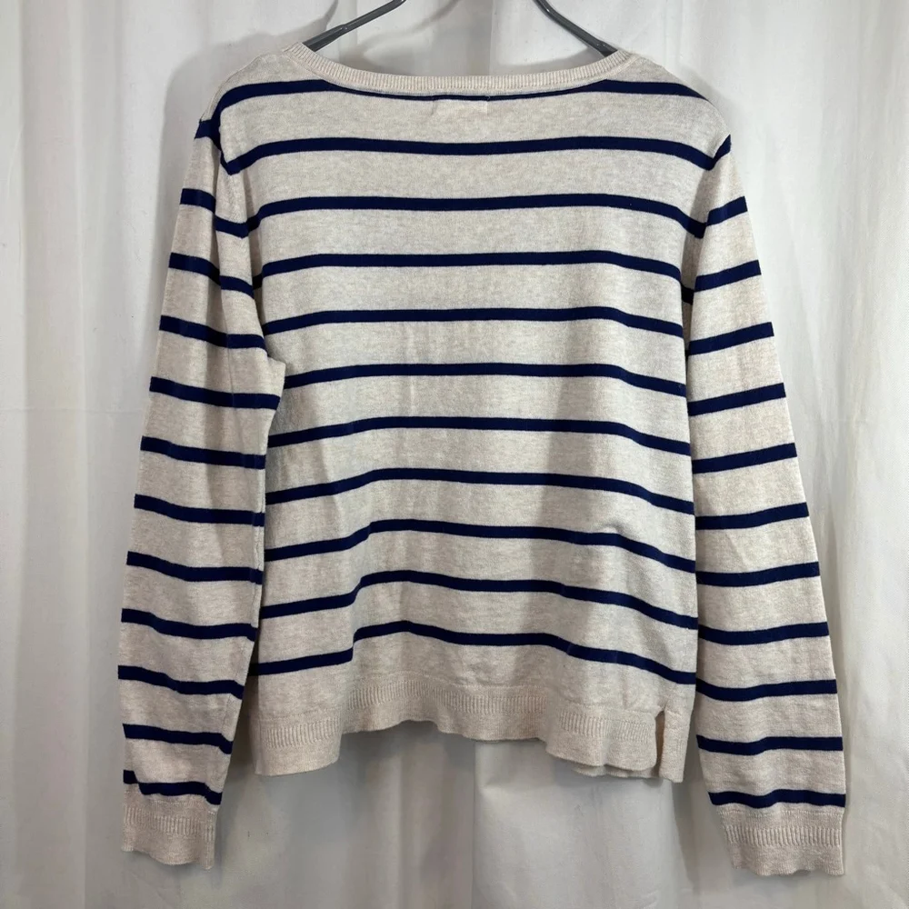 Women's YERSE Beige & Navy Striped Breton Crew Neck Sweater Size L - Picture 2 of 4